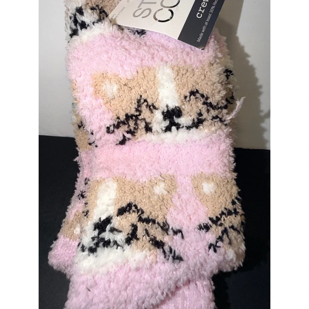 Stay Cozy Women Pink Cat Face Fuzzy Crew Sock 1 Pair Set NEW